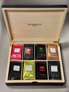 Dammann 48db-os egyesével csomagolt filteres fekete, zöld, herba, gyümölcs, rooibos tea válogatás fa kínáló dobozban